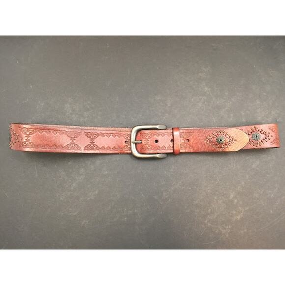 Fossil Tooled Leather Belt Brass buckle Floral Studded women's LARGE hippie boho - Picture 1 of 4